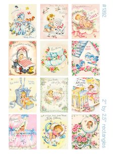 many different greeting cards with pictures of babies and animals on them, all in pastel colors