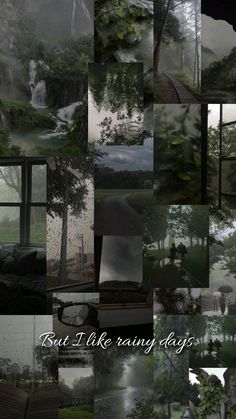 a collage of photos with trees and water in the background that says, but i like rainy days