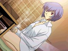 an anime character with purple hair sitting on a bed in front of a window and looking at the camera