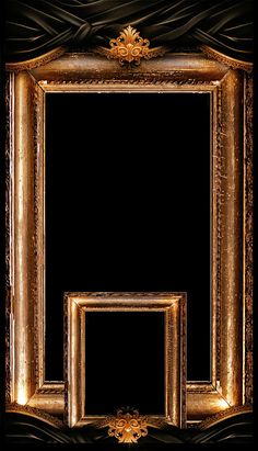 an ornate gold frame on a black background with light coming from the top and bottom