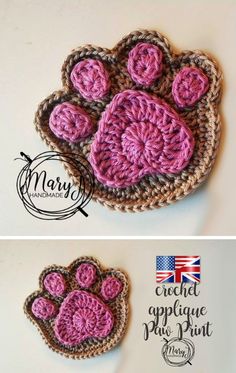 crocheted coaster with pink and brown paw prints