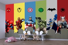 this is an image of a children's room with avengers wallpaper