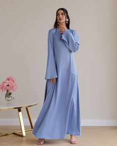 Fabric: Satin Cotton 50%, Polyester 50% Long sleeve Backless Tie detail at the back Thigh slit Maxi length Dress Classy Elegant, Satin Long Sleeve Dress, Cute Dresses For Party, Backless Maxi Dress, Abaya Dress, Hijab Fashion Inspiration, Lounge Dress, Backless Maxi Dresses, Puff Sleeve Dresses