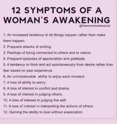 a poster with the words 12 symptoms of a woman's awakeing