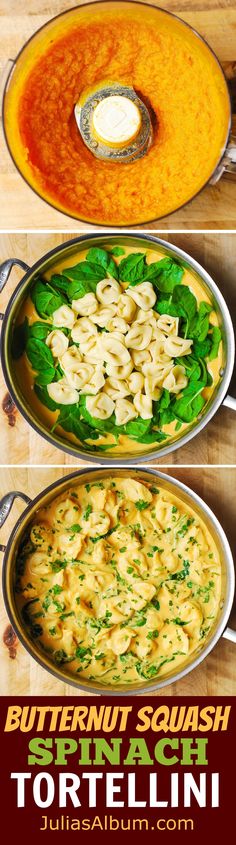 three pans filled with pasta and spinach on top of a wooden table next to each other