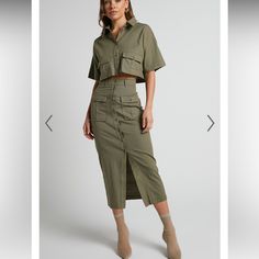 Army Green Two Piece Set One Set Outfit, Safari Outfit, Green Two Piece, Midi Skirt Set, Denim Texture, Long Denim Skirt, Skirt Trends, Top Skirt Set, Button Front Top