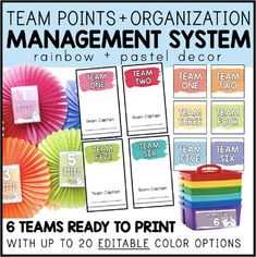 the team points and organization management system with five teams ready to print, including six different colors