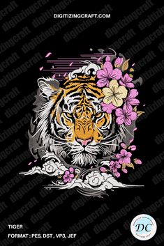 a tiger with flowers on it's head in the middle of a black background