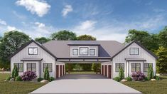 this is an artist's rendering of a modern farmhouse style home with two car garages