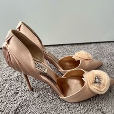 Bagdley Mishka Champagne Satin Heels With Flower Appliqu Sz 7. Never Worn They Are A Tight Size 7, Fit More Like 6.5 For Sizing Badgley Mischka Shoes, Satin Heels, Flower Applique, Badgley Mischka, Shoes Women Heels, Champagne, Shoes Heels, Tights, Size 7