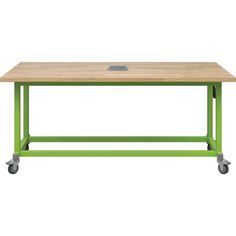 a green table with wheels on it and a wooden top in front of a white background