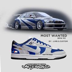 a pair of shoes with the words most wanted on them and an image of a bmw car