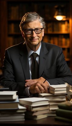 a man in a suit and tie sitting at a table full of books with his hands folded