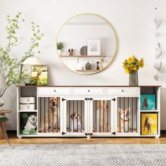 a dog is sitting in his cage on the floor next to some bookshelves