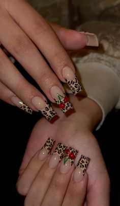 Cherry Leapord Nails, 444 Nails Design, Colourful Animal Print Nails, Animal Pattern Nails, Iconic Nail Designs, Nail Inspo Nude Colors, Black And Leopard Print Nails, Cheetah Red Nails, Leopard And Red Nails