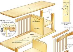 the parts of a wooden table and bench are shown in this diagram, with instructions on how to build it