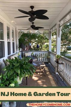 a porch covered in plants and ceiling fans