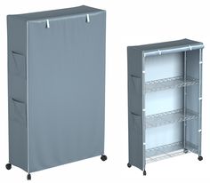 an open and closed storage cabinet next to each other on casteors, with wheels