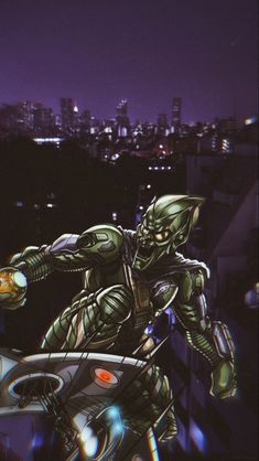 an alien riding on the back of a motorcycle in front of a city at night