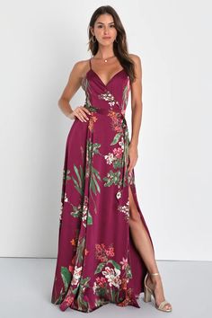 Burgundy Floral Dress - Floral Print Dress - Surplice Maxi Dress - Lulus Fitted Satin Maxi Dress With Floral Print, Floral Satin Maxi Dress For Date Night, Satin Floral Print Maxi Dress For Date Night, Satin Maxi Dress With Floral Print For Garden Party, Satin Maxi Dress For Garden Party, Summer Floral Print Satin Maxi Dress, Floral Print Satin Maxi Dress For Prom, Prom Floral Print Satin Maxi Dress, Satin V-neck Dress For Garden Party