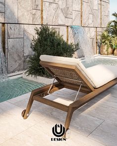 an outdoor chaise lounge chair next to a pool with water coming out of it