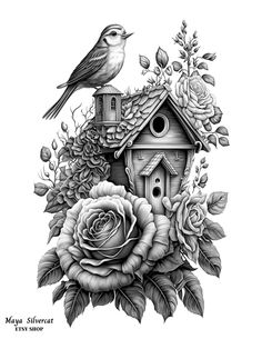 a bird sitting on top of a flower next to a birdhouse with roses around it