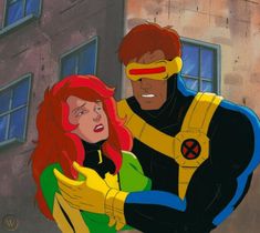 an animated image of two people dressed as x - men and one woman with red hair