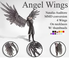 an angel with three wings and four different color options for each wing, the third is black