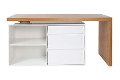 a white desk with wooden top and drawers