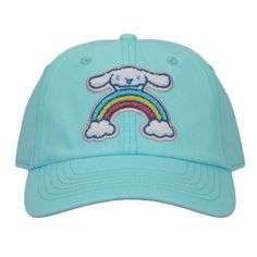 Celebrate your favorite characters with this Cinnamoroll baseball cap. The hat features a chenille patch of Cinnamoroll flying over a rainbow. The cap comes in a teal washed cotton twill and features a buckle adjustment to help you find the perfect fit. Cinnamoroll fans will love this comfy baseball cap. Cinnamoroll Flying, Chenille Patch, Baseball Hat, A Rainbow, Cotton Twill, Favorite Character, Baseball Cap, Accessories Hats, Baseball Hats