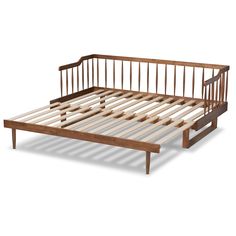 a bed frame with wooden slats and no headboard on the bottom side, in front of a white background