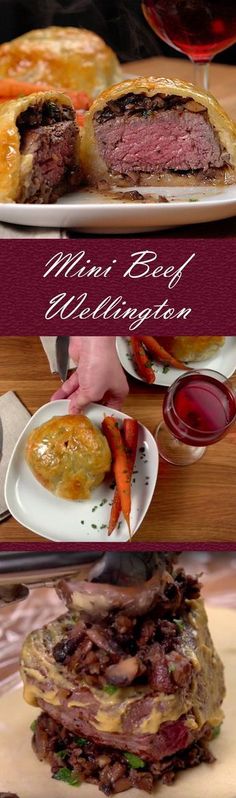 two different views of food on plates with wine in the background and an advertisement that says, man's best wellington