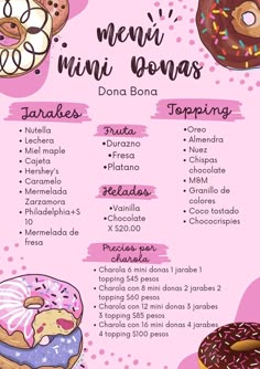 a menu for donuts with different toppings on the top and bottom, in spanish