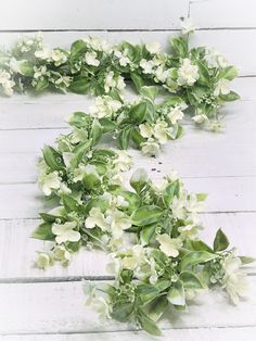 some white flowers and green leaves on a wooden floor with planks in the background