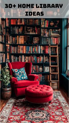 Small library with a vibrant red chair, rich dark bookshelves, and artistic d�cor. Small Home Library Room Interior Design, Dark Colored Office Ideas, Mirrors On Bookshelves, Home Library Wall Colors, Reading Book Room Design, Reading Room For Adults, Cozy Reading Rooms Home Libraries, Whimsigoth Home Library, Colonial Home Library