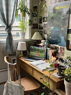 a desk with a laptop computer sitting on top of it next to a potted plant