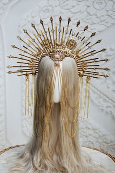 Gold Halo crown is made of filigrees, flowers, beads, lace, chain and glitters. Crown is lightweight, well molded, comfortable to wear. The crown will be a great addition to the Met Gala Evening, Ball, Wedding, Party or Festival. Any skilled photographer will find its use, the crown throws reflections, so it will be a great prop for art photography. :) The crowns from our studio are works of art, each piece is an original made with love and passion. Gold Halo Crown, Halo Headpiece, Festival Headpiece, Flowers Beads, Ball Wedding, Halo Crown, Halo Headband, Headpiece Jewelry, Fantasias Halloween