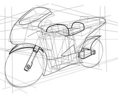 a drawing of a motorcycle that is in perspective, with the front wheel facing forward