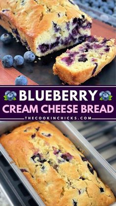 blueberry cream cheese bread is cut into slices and placed in a pan with fresh blueberries