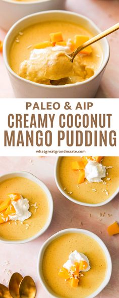 two bowls filled with creamy coconut mango pudding