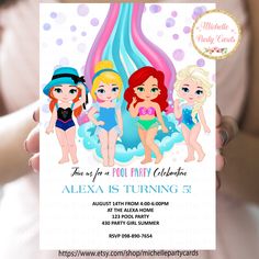 Princess Beach Party, Princess Swim Party, Disney Pool Party, Princess Pool Birthday Party, Mermaid Pool Parties, Pool Party Birthday Invitations