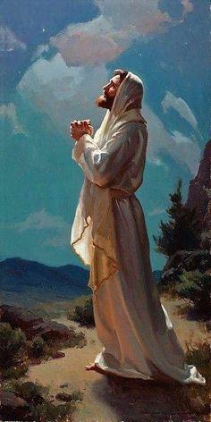 a painting of jesus standing in the desert with his hands clasped to his chest and looking up into the sky