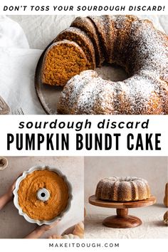 a pumpkin bundt cake with powdered sugar on top and the words sourdough discard pumpkin bundt cake above it