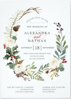 an elegant wedding card with greenery and flowers on the front, featuring pine cones