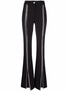 Black Cady high-waisted trousers from PHILIPP PLEIN featuring silver-tone stud detailing, skull stud embellishment, high-waisted, belt loops, concealed fly and button fastening, two side slit pockets, two rear welt pockets, front slit and flared hem. | Philipp Plein Cady high-waisted trousers Soiree Pants, Flair Pants, Dress Design Drawing, Shoes Prada, Miu Miu Shoes, Prada Bags, Ulzzang Fashion, Philipp Plein