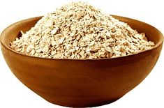 a brown bowl filled with oats on top of a white background