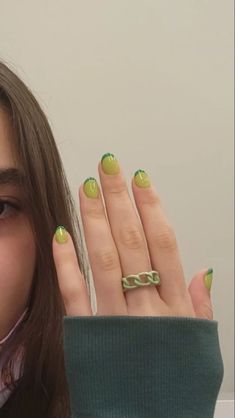 Green Modern Nails, Two Colour Nails, Nail Cool, Nail Art Korean, Nail Korean, Anting Manik, Nail Aesthetic, Korean Nail, Aesthetic Nail