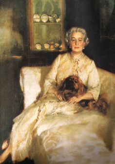 a painting of a woman sitting in a chair with her dog