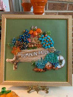 there is a framed picture with pumpkins and other items on it that says pumpkin patch