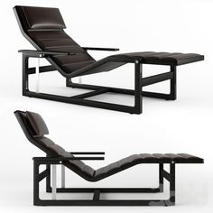 two different views of a modern lounge chair and chaise longue in black leather